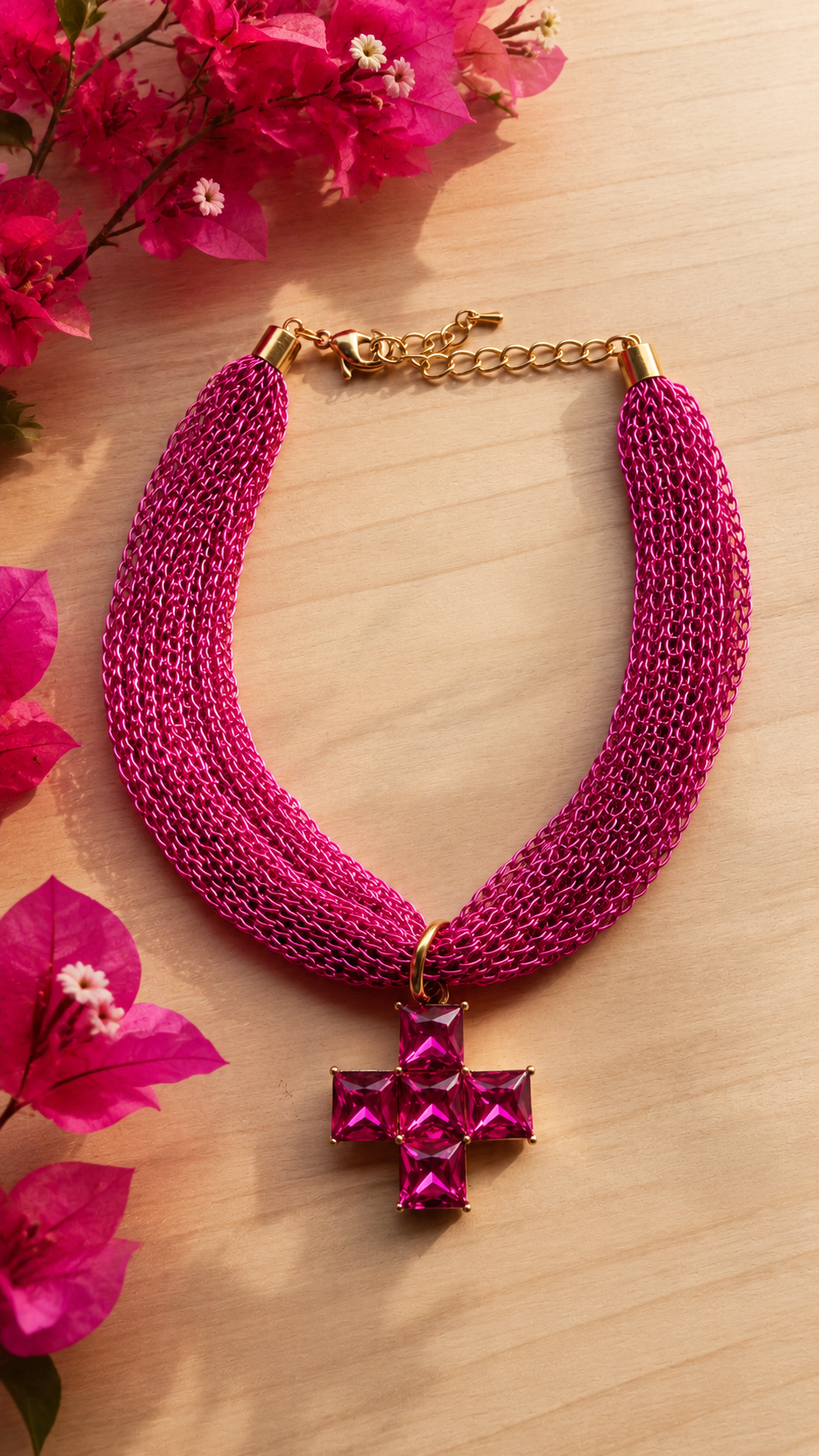 Collar Cruz con Cristales Fucsia · LUX Buganvilla