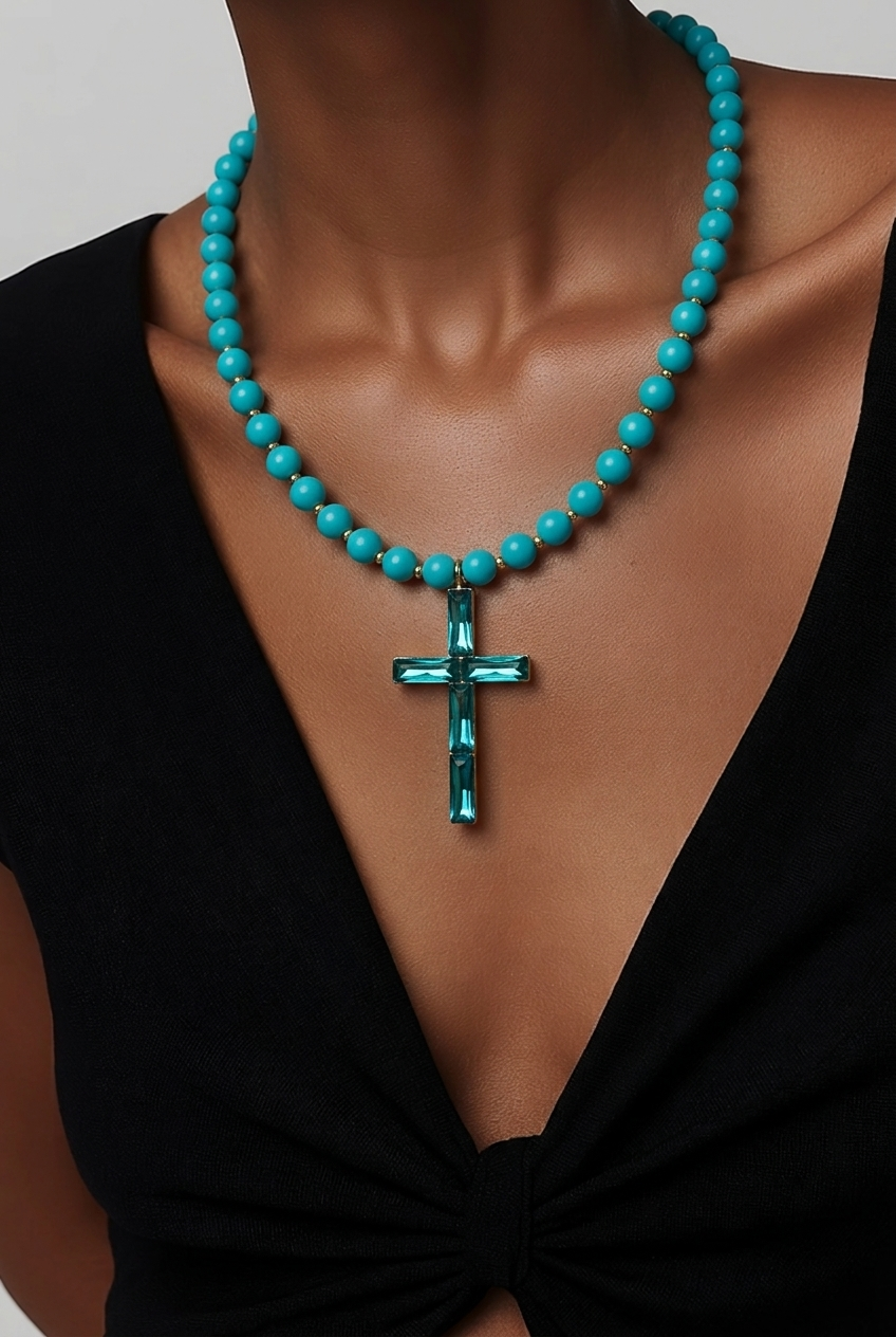 Collar Cruz Turquesa con Cristales · LUX Mediterráneo
