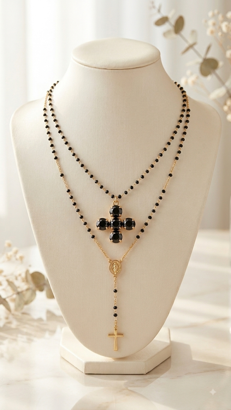 Collar Cruz con Cristales Negro  · LUX ÓNIX